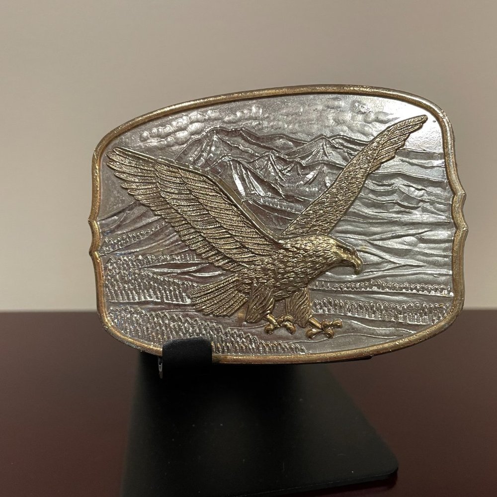 Gold Eagle Silver Tone Belt Buckle Vintage Western Mountain Scene #182893